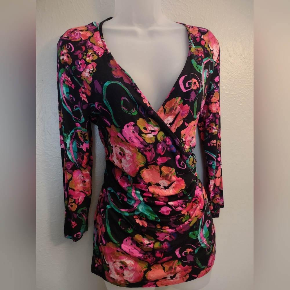Cable & Gauge Floral Faux Wrap Top | Vibrant Pink & Teal Abstract Print | Size M - Picture 5 of 11